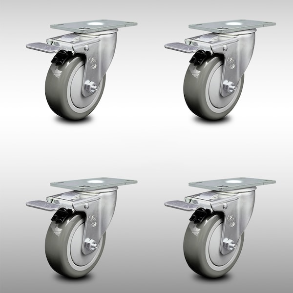 4 Inch SS Gray Polyurethane Top Plate Caster Set Total Lock Brake SCC